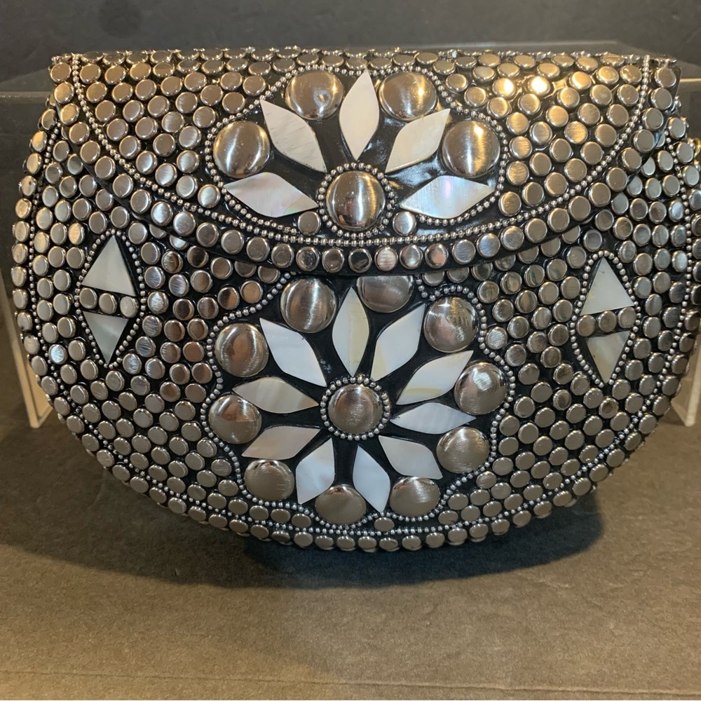 Studded Black Clutch with White Inlay